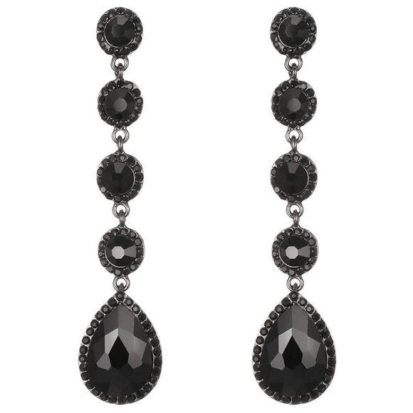 Gun Metal with Black Onyx Austrian Crystal Teardrop Chandelier Post Earrings - Picture 1 of 4